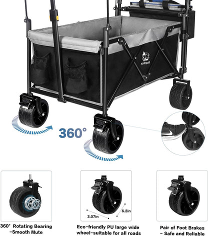 Collapsible Wagon Foldable Wagon Cart with Removable Canopy, Adjustable Push Pulling Handles,Cooler Bag Utility Carts for Shopping, Picnic, Camping,Black Grey