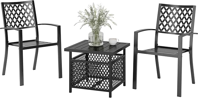 PHI VILLA 3 Piece Outdoor Bistro Set for 2, 22" Metal Square Table with Umbrella Hole & Stacking Wrought Iron Chairs, Small Furniture Conversation Set for Porch, Deck, Balcony, Patio, Yard - Black