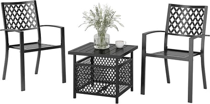 PHI VILLA 3 Piece Outdoor Bistro Set for 2, 22" Metal Square Table with Umbrella Hole & Stacking Wrought Iron Chairs, Small Furniture Conversation Set for Porch, Deck, Balcony, Patio, Yard - Black