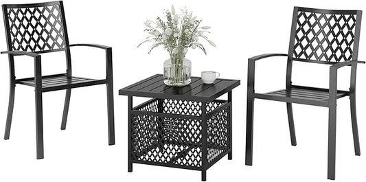 PHI VILLA 3 Piece Outdoor Bistro Set for 2, 22" Metal Square Table with Umbrella Hole & Stacking Wrought Iron Chairs, Small Furniture Conversation Set for Porch, Deck, Balcony, Patio, Yard - Black