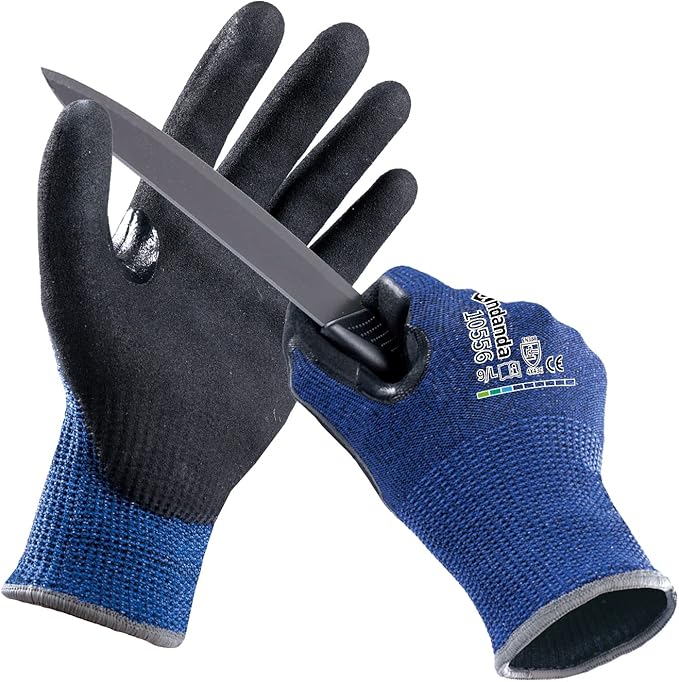 ANDANDA Cut Resistant Gloves Level 5, 3D Comfort Stretch Fit, Nitrile Sandy Finish Coated Work Gloves with Power Grip, Ideal for Handling Glass, Sharp Metal, Blue, Large, 1 Pair