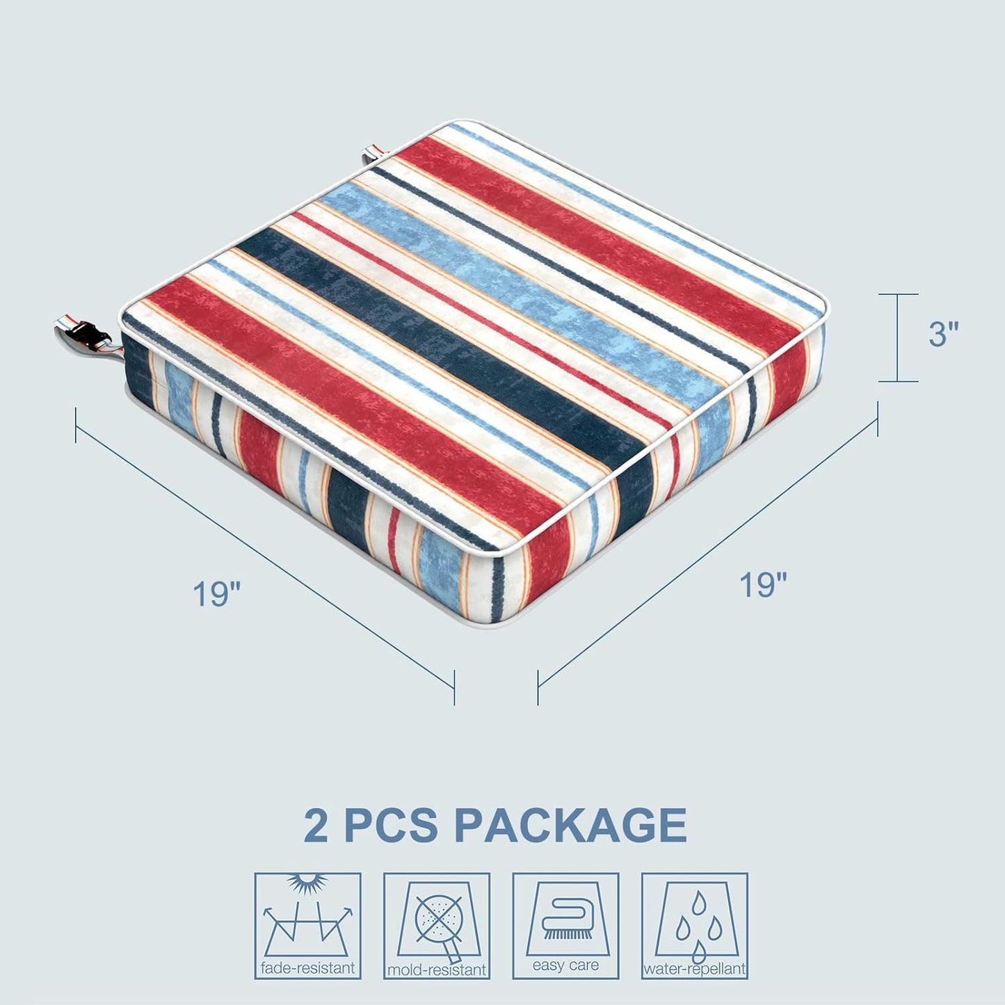 LVTXIII Patio Chair Cushions 19"x19"x3", Water-Repellent Outdoor Seat Cushions for Patio Furniture, Square Chair Pads with Ties for Home Garden Decoration, Set of 2, Stripe Red Blue
