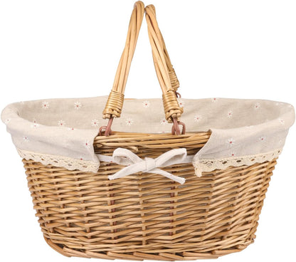2 Pack Medium Size Oval Willow Basket with Handle, 12.6x9x4.7 Inch Wicker Picnic Basket with Liner, Empty Gift Basket, Wicker Basket for Fruit, Candy, Wine, Gathering, Wedding, Picnic, by GNIEMCKIN