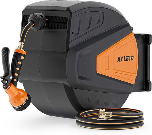 Ayleid Retractable Garden Hose Reel,5/8 in x 100 FT Wall Mounted Hose Reel, with 9- Function Sprayer Nozzle, Any Length Lock/Slow Return System/Wall Mounted/180°Swivel Bracket (Black)