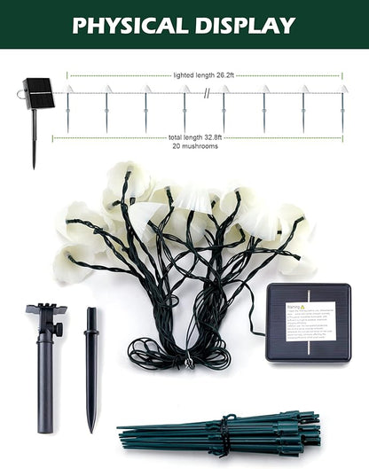 Solar Mushroom Garden Lights for Outside, 20 LED 32.8FT Solar Pathway Lights Outdoor Waterproof for Fence with 8 Lighting Modes for Patio Yard Decorative