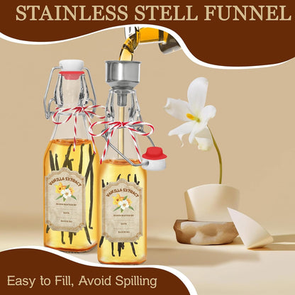 10 Pack Swing Top Glass Vanilla Extract Bottles 8 oz with Lids, Vanilla Extract Labels and Funnel, Glass Boston Vanilla Bottles for Syrup Gift, Flip Top Glass Bottles Jars for Vanilla Extract