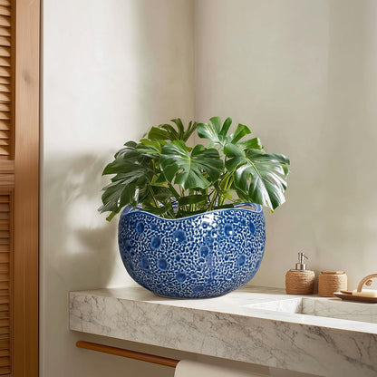 10 Inch Plant Pot - Ceramic Pots for Plants Indoor Outdoor, Round Bonsai Pots with Drainage Hole, Decorative Flower Pot, Modern Unique Planters, House Decor, Housewarming Gifts, Blue