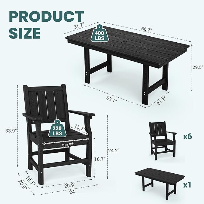 Pamapic 7 PCS Outdoor Dining Set, Spacious HDPE Outdoor Table and Chairs, Wood Grain Patio Furniture Sets with Elegant Armrest, All-Weather Patio Dining Table with Umbrella Hole, Black