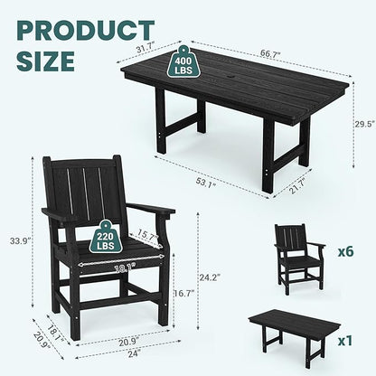 Pamapic 7 PCS Outdoor Dining Set, Spacious HDPE Outdoor Table and Chairs, Wood Grain Patio Furniture Sets with Elegant Armrest, All-Weather Patio Dining Table with Umbrella Hole, Black