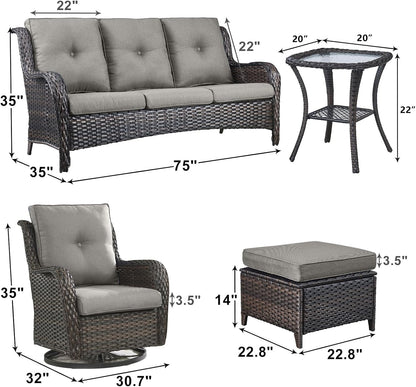 Outdoor Wicker Patio Furniture Set - 6 Piece Rattan Patio Conversation Set with 2 Rocking Swivel Chairs,2 Ottomans,1 Sofa and 1 Side Table for Porch Deck Backyard Garden(Brown/Grey)