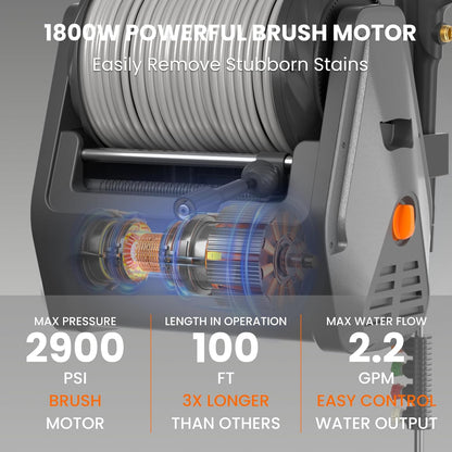 Giraffe Tools Grandfalls Pressure Washer Plus+, Electric Wall Mount Power Washer with 100FT Ultra-Soft Pressure Hoses, 2900PSI, 2.2GPM, 4 Nozzles, Foam Cannon for Cars/Patios, Dark Silver