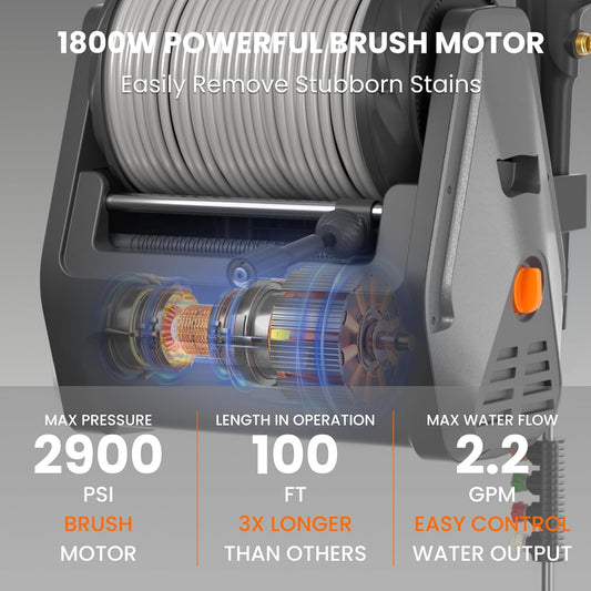 Giraffe Tools Grandfalls Pressure Washer Plus+, Electric Wall Mount Power Washer with 100FT Ultra-Soft Pressure Hoses, 2900PSI, 2.2GPM, 4 Nozzles, Foam Cannon for Cars/Patios, Dark Silver