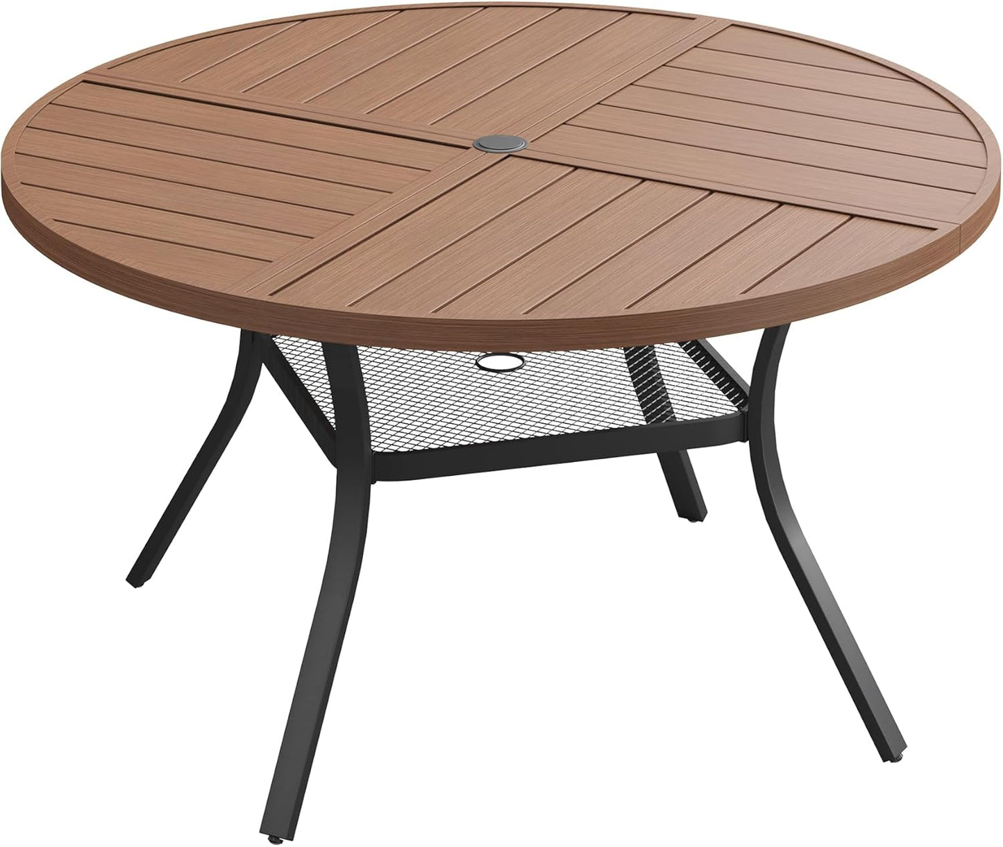 DIFY 47.2" Round Outdoor Patio Dining Table for 6, All-Weather Metal Steel Slatted Patio Table with 1.57" Adjustable Umbrella Hole, for Lawn Garden Porch Backyard, Walnut