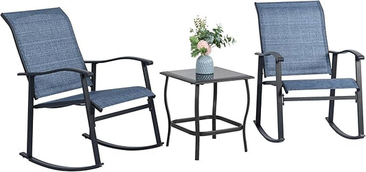 Vongrasig 3 Piece Outdoor Rocking Bistro Set, Textilene Fabric Small Patio Furniture Set, Front Porch Rocker Chairs Conversation Set with Glass Table for Lawn, Garden, Balcony, Poolside (Denim Blue)