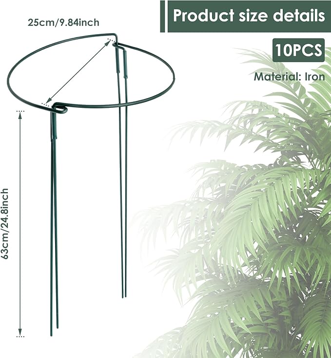10 Pack Supports Stakes Metal 10" Wide x 24" High Peony Cages and Supports Garden Interlock Half Round Support Ring Border Support Ring Cage for Rose Vine Tomato