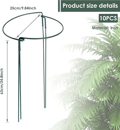 10 Pack Supports Stakes Metal 10" Wide x 24" High Peony Cages and Supports Garden Interlock Half Round Support Ring Border Support Ring Cage for Rose Vine Tomato