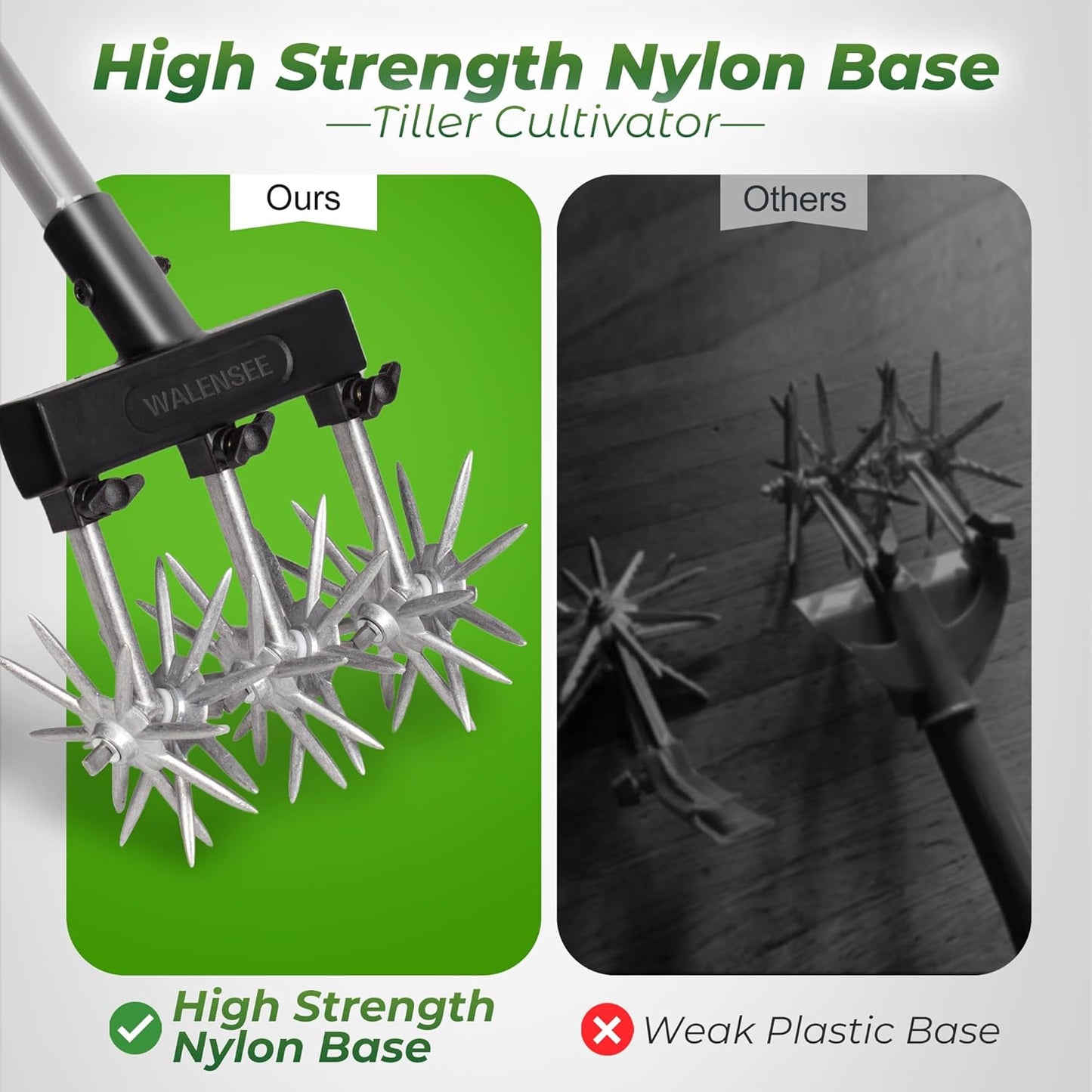 Walensee Rotary Cultivator Garden Tool – Adjustable Hand Tiller for Gardening & Lawn Care with Rustproof Aluminum Blades, Telescopic Handle, Lightweight Nylon Base – Soil Aerator & Grass Reseeder