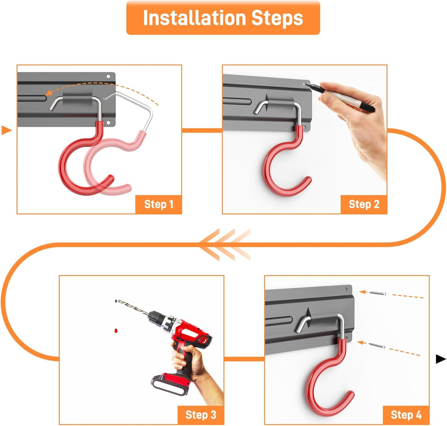 TORACK Metal Wall-Mounted Garden Tool Organizer for Garage, Mop and Broom Holder, Yard Tool Storage Rack for Rakes, Shovels, Mops, Brooms (4 Rails, 16 Hooks)
