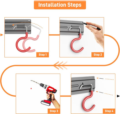 TORACK Metal Wall-Mounted Garden Tool Organizer for Garage, Mop and Broom Holder, Yard Tool Storage Rack for Rakes, Shovels, Mops, Brooms (4 Rails, 16 Hooks)