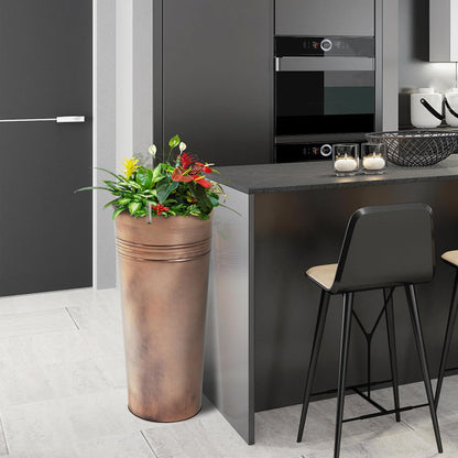 KOL 25'' Tall Galvanized Steel Planter Pot with Water Level Indicator - 2-Pack Self Watering Planters Flower Pot for Plants - Round Powder Metal Planter Box - Indoor Outdoor Grande Plant - Bronze