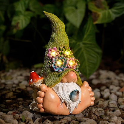 Solar Turtle Garden Statue with Bunny and LED Succulent Flowers – Outdoor Lawn Decor with Lights, Cute Animal Yard Ornament for Patio, Pathway, or Garden Gift (Gnome)