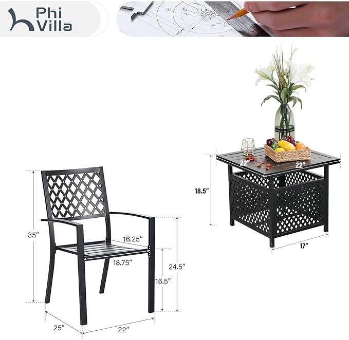 PHI VILLA 3 Piece Outdoor Bistro Set for 2, 22" Metal Square Table with Umbrella Hole & Stacking Wrought Iron Chairs, Small Furniture Conversation Set for Porch, Deck, Balcony, Patio, Yard - Black