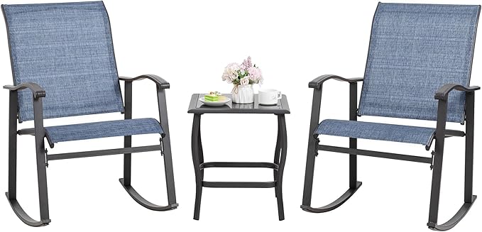 Shintenchi Rocking Chair Outdoor with Table, 3 Piece Rocking Patio Bistro Set, Outdoor Furniture Set with Metal Frame and Textilene Fabric for Small Space, Dark Blue