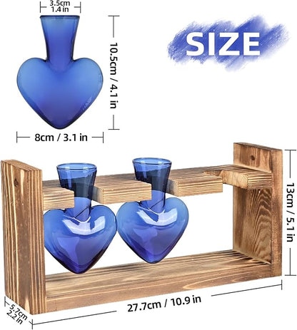 Plant Terrarium Propagation Stations Hydroponics Home Garden Decoration Gift for Women with Wooden Stand Heart Shaped Colored Glass Vase