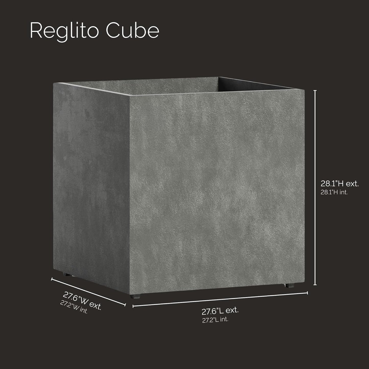 Reglito Cube Planter – Fiberglass Indoor/Outdoor and Weather-Resistant Large Planter (Grey Stone, 27.6" L x 27.6" W x 28.1" H)