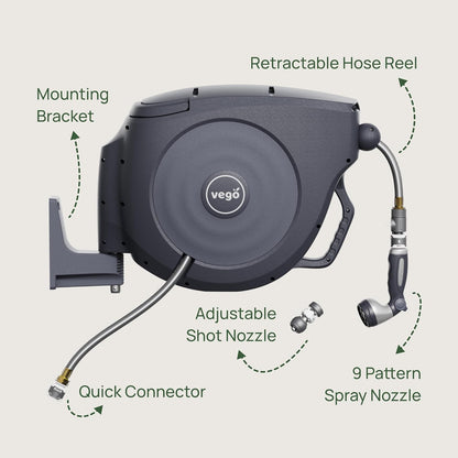 Vego Garden Hose Reel Retractable Hi-Flow x 100ft Wall Mounted Hose Reel Automatic Rewind, Any Length Lock with 9 Patterns Sprayer Nozzle, Quick Connector and Adjustable shot Nozzle-Cloud White