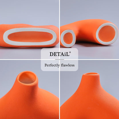 CEMABT Orange Ceramic Vase Set of 2 for Modern Minimalist Bohemian Decor，Round Matte Donut Vases for Pampas Grass-Perfect for Living Room, Dining Table, Office Bedroom Shelf Decor Entryway, Console