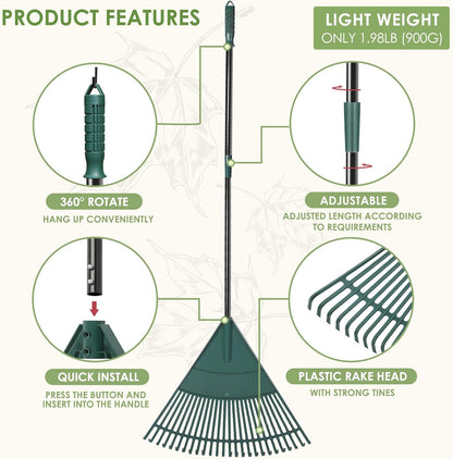 ORIENTOOLS Garden Leaf Rake, Garden Rakes for Lawns Leaves with 47-65" Adjustable Black Handle Rake, 26 Strong Tines Plastic Head Shrub Rake, Yard Garden Rake for Lawns, Flower Beds Leaves Cleaning