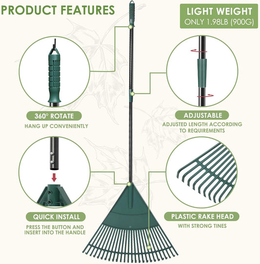 ORIENTOOLS Garden Leaf Rake, Garden Rakes for Lawns Leaves with 47-65" Adjustable Black Handle Rake, 26 Strong Tines Plastic Head Shrub Rake, Yard Garden Rake for Lawns, Flower Beds Leaves Cleaning