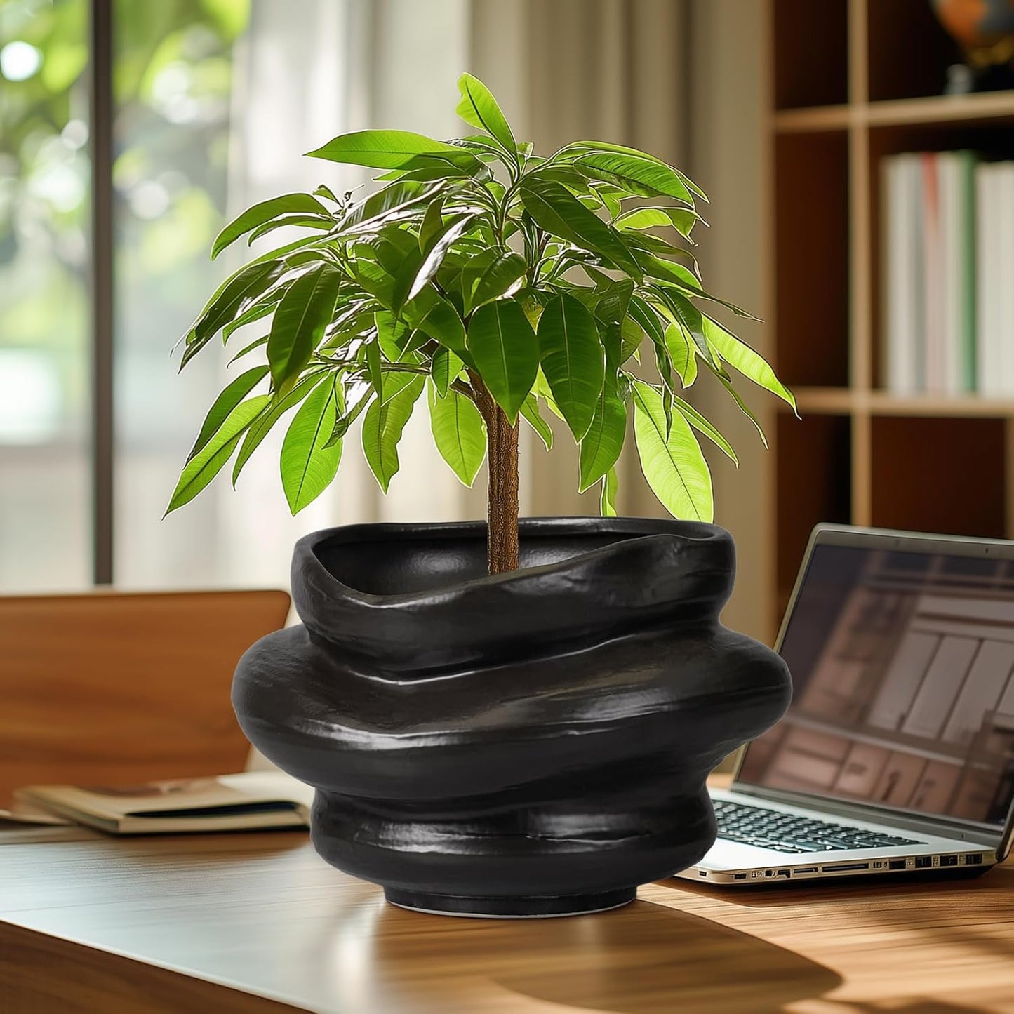 Ceramic Pots for Plants 11 Inch - Bonsai Flower Pots for Indoor Plants with Drainage Hole, Decorative Outdoor Pot for Plant, Gift for Men Women, Black