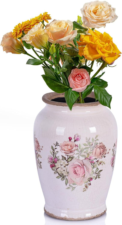Vintage Vase for Flowers,Pink Chinoiserie Ceramic Vase,Rustic Farmhouse Cracked Vases,for Flower Arrangement,Living Room, Office, Shelf, Fireplace Tables,Centerpieces,Chinoiserie Pottery Decor(A)
