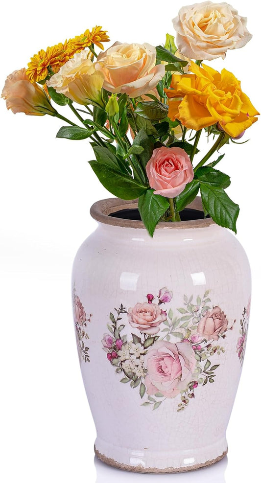 Vintage Vase for Flowers,Pink Chinoiserie Ceramic Vase,Rustic Farmhouse Cracked Vases,for Flower Arrangement,Living Room, Office, Shelf, Fireplace Tables,Centerpieces,Chinoiserie Pottery Decor(A)