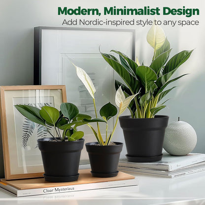 T4U 4 Inch Plant Pots 8-Pack, Small Flower Pots with Drainage Hole and Saucer, Decorative Nursery Pot Bulk for African Violet, Snake Plant, Succulent, Herb and Plants Indoor (8 Pcs 4" Pots, Black)