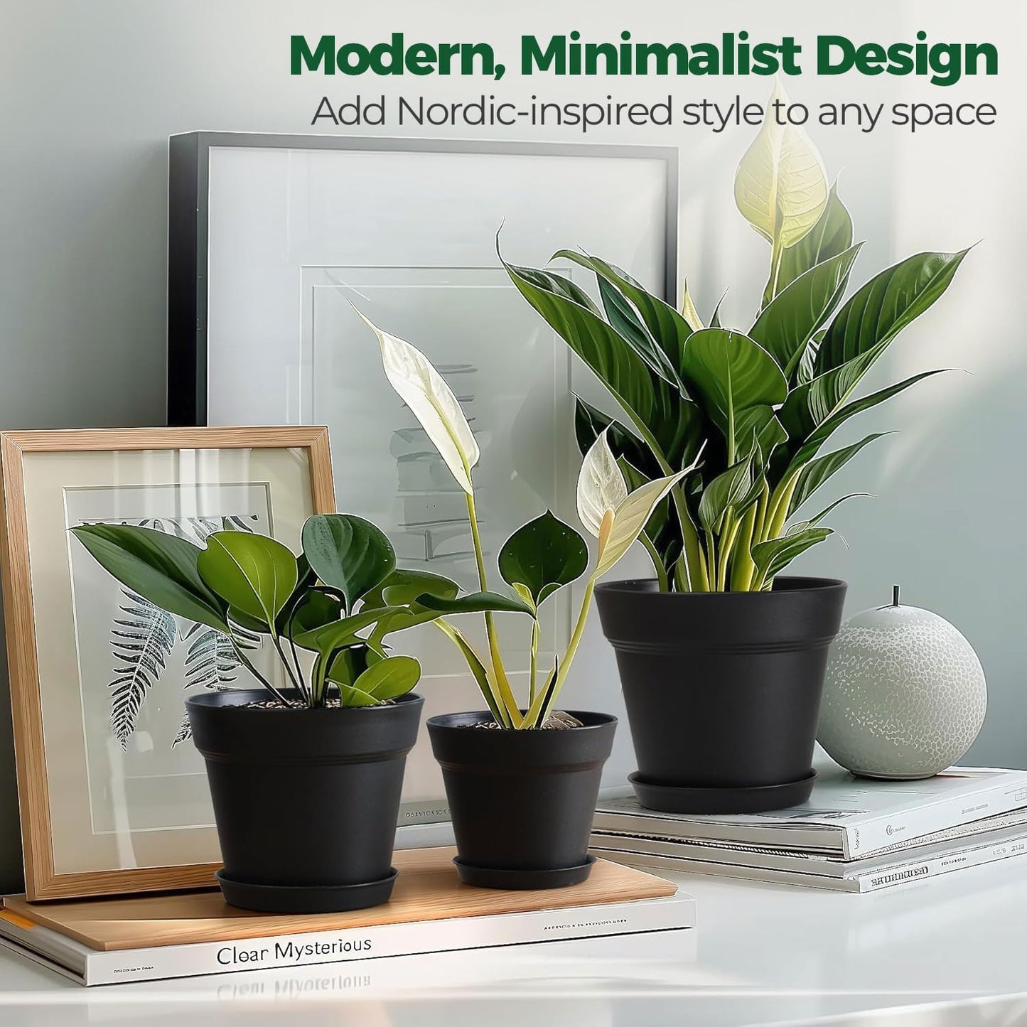 T4U 5 Inch Plant Pot 8-Pack, Plastic Pots with Drainage Hole and Saucer, Decorative Flower Pots Bulk for African Violet, Snake Plant, Succulent and All House Plants Indoor (8pcs 5" Pots, Black)