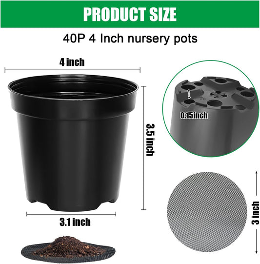 40 Pack 4 Inch Plant Nursery Pots with Mesh Pad, Sturdy Plastic Flower Planter Pots with Drainage Holes, Seed Starter Pots for Planting Seedings Cuttings Succulents Indoor Ourdoor, Black