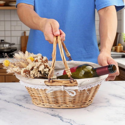 2 Pack 12.6 Inch Natural Wicker Basket with Linen Cotton Cloth Lining, Oval Wicker Woven Basket with Handle, Willow Woven Picnic Baskets for Picnic, Camping, Party(Small)