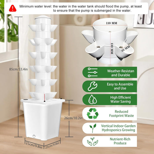 Set Hydroponic Growing Tower with 20L Tank, 6 Layers 30 Plants Indoor hydroponics Growing System kit, Soilless Cultivation Herbs Fruits Vegetables Vertical Planter Tower Kit (White)