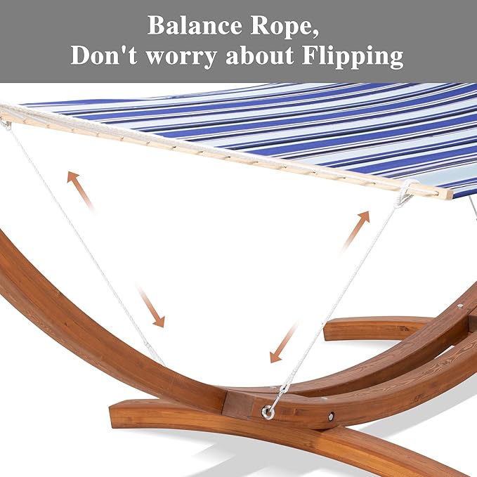 SUNCREAT Hammocks 2 Person Hammock with Stand, Portable Patio Hammock with 13.5 ft Wooden Stand, Blue Stripes