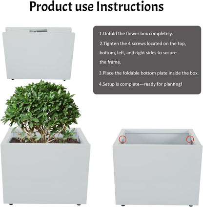 Galvanized Steel Rectangular Planter, 16"x 12"x 12" Small Planters for Outdoor Plants, White Outdoor Planter with Drainage Holes