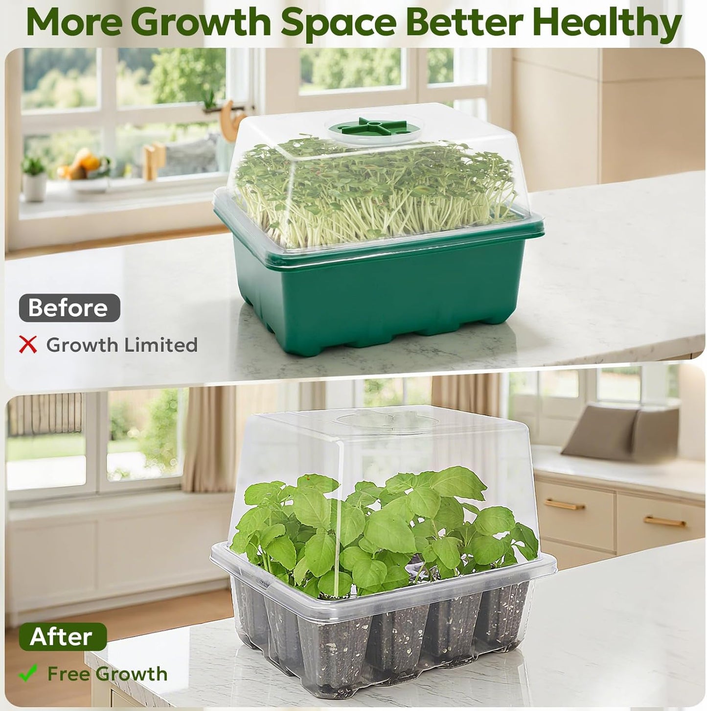 MIXC Seed Starter Kit with Grow Light, Elevated Seedling Tray Kit with Adjustable Humidity Dome and Clear Cell Tray, 12 Full Spectrum Led Beads for Seed Starting Greenhouse, 6 Pack, Transparent