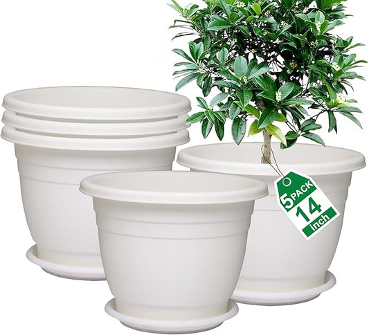 5 Packs 14 inch Flower Pots + Saucer, Planters for Indoor & Outdoor Plants with Drainage Holes | Plastic Flower Pots, Large Planter (White, 14 inch)