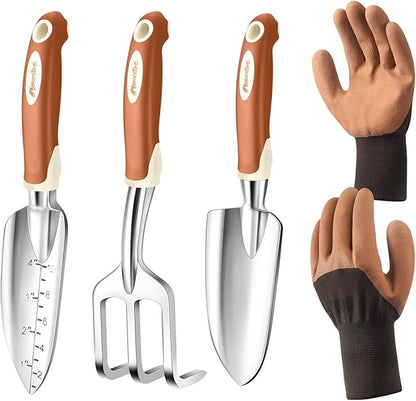 MelonArt Garden Tool Set, 4 Pieces Heavy Duty Gardening Hand Tool Kit Aluminum for Women Men Planting Including Hand Shovel, Transplant Shovel and Hand Rake with Non Slip Rubber Handle and Gloves