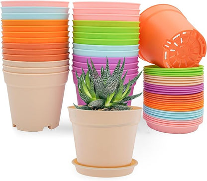 4 inch Plant Pots, 28 Pack Small Plastic Planters with Drainage Holes and Saucers for Flowers Plants, Succulents, Seed Starting Pots, Colorful