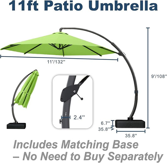 11FT Cantilever Umbrella with Base Large Curvy Outdoor Aluminum Offset Umbrella w/ 360° Rotation, UV Resistant Canopy for Patio, Garden, Backyard, Apple Green