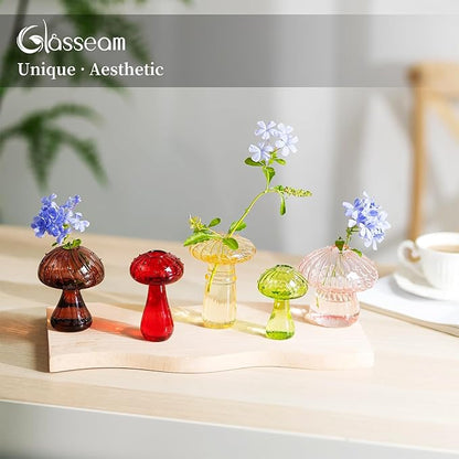 Glasseam Mushroom Glass Planter, Set of 5 Colored Plant Propagation Station, Mini Terrarium for Plants, Unique Small Glass Vase for Flowers, Cute Hydroponic Indoor Planters Gifts for Women Room Decor