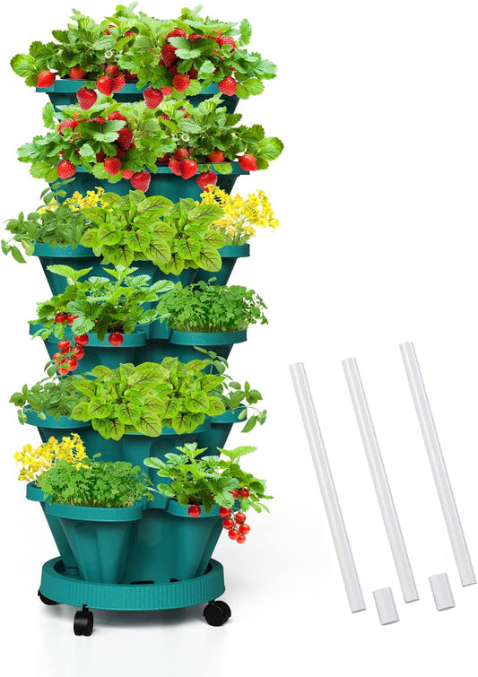Strawberry Vertical Planters Tower Garden, 6 Tiered Stacking Planter with Support Pole, Stackable Herb Vegetable Planters Indoor and Outdoor